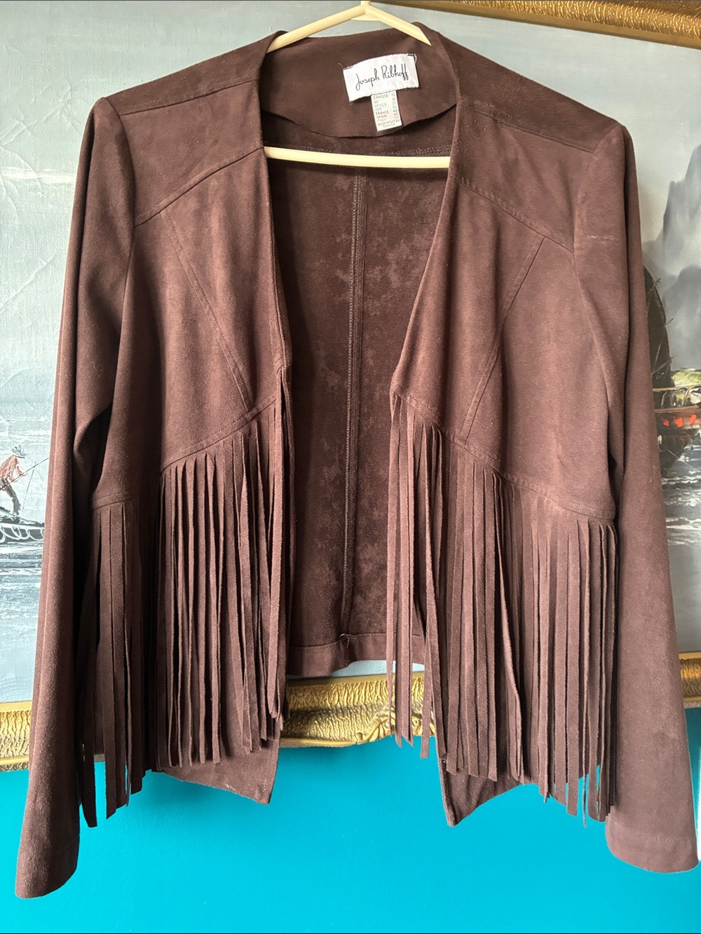 Vintage Joseph Ribkoff Brown Faux Suede Fringe Open-Front Jacket , size M